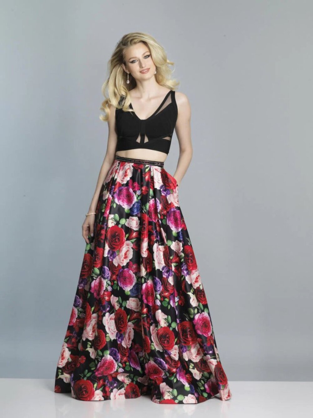 DAVE&JOHNNY A7221 PRINT/BLACK FLORAL SIZE 4 TWO-PIECE BALLGOWN FORMAL/PROM DRESS